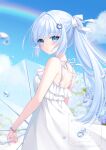  1girl blue_eyes blue_flower blue_hair blue_sky blush cloud commentary_request day dress flower from_side hair_ornament hairclip highres holding holding_umbrella long_hair looking_at_viewer original outdoors ponytail rainbow sky solo spaghetti_strap stardrop sundress umbrella very_long_hair white_dress 