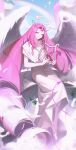  1girl absurdres angel_wings bare_arms barefoot bright_pupils closed_mouth cloud collarbone commentary cookie_run cookie_run:_kingdom crown day dress eternal_sugar_cookie gootai halo highres holding holding_instrument holding_lyre instrument long_hair long_sidelocks looking_at_viewer lyre music pink_eyes pink_hair pink_tail plant playing_instrument rainbow sidelocks sitting sleeveless sleeveless_dress solo tail very_long_hair white_dress white_halo white_pupils white_wings wings 