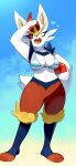 2025 3_fingers 3_toes 6:13 absurd_res anthro bikini bikini_top bikini_top_only blush bottomless bottomless_anthro bottomless_female breasts cinderace clothed clothed_anthro clothed_female clothing digital_media_(artwork) feet female fingers front_view fur generation_8_pokemon hi_res kame_3 looking_at_viewer navel nintendo one_eye_closed open_mouth open_smile partially_clothed partially_clothed_anthro partially_clothed_female pokemon pokemon_(species) red_eyes smile solo standing swimwear tail toes tongue two-piece_swimsuit white_body white_fur white_tail
