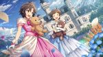  2girls ahoge antenna_hair black_eyes black_hair blue_dress brown_hair castle closed_eyes commentary_request day dress dutch_angle earrings flower game_cg garden glint gloves holding holding_stuffed_toy holding_teddy_bear idolmaster idolmaster_(classic) idolmaster_million_live! idolmaster_million_live!_theater_days jewelry kikuchi_makoto kinoshita_hinata lens_flare multiple_girls necklace official_art open_mouth outdoors pink_dress princess short_hair short_sleeves skirt_hold smile standing stuffed_animal stuffed_toy sunlight teddy_bear teeth third-party_source tiara upper_teeth_only white_gloves 