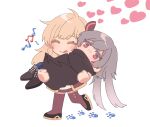  2girls beamed_eighth_notes black_boots black_cape blonde_hair blush boots cape carrying closed_eyes closed_mouth commentary_request emptyayya grey_hair heart long_hair multiple_girls musical_note paw_print pink_eyes princess_carry sky_striker_ace_-_raye sky_striker_ace_-_roze smile tongue tongue_out white_background yu-gi-oh! yuri 