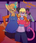  2019 ailurid anthro big_tail blonde_hair blue_highlights bottomwear bratty_(undertale) breasts catty_(undertale) clothed clothing cosplay detailed_background didelphid digital_media_(artwork) dipstick_ears duo english_text eyebrows eyewear female fur gesture glasses grin hair halloween head_tuft highlights_(coloring) holidays jordie_(vivash) long_tail mairi_nigalya_ponya mammal marsupial midriff multicolored_ears navel number orange_body orange_fur overalls pants pink_nose purple_background red_panda shawl shirt simple_background smile text tongue tongue_out topwear tuft undershirt undertale v_sign video_games virginia_opossum vivash 