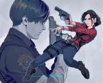  1boy 1girl black_hair blue_pants boots claire_redfield collared_shirt commentary english_commentary full_body gun holding holding_gun holding_weapon leon_s._kennedy pants ponytail pouch profile red_shirt resident_evil sardine_(kjr0313) shirt sidelocks thigh_pouch weapon 