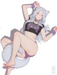  animal_ear_fluff animal_ears barefoot bell belt belt_buckle belt_collar black_shirt breasts buckle cat_ears cat_girl cat_tail closed_mouth collar commission cropped_shirt forehead fur_cuffs grey_fur grey_hair highres jingle_bell large_breasts lips long_hair lying on_back one_eye_closed original purple_belt purple_eyes purple_shorts quilm shirt short_sleeves shorts simple_background solo tail white_background 
