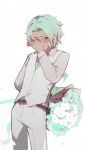  1boy arm_behind_back averting_eyes belt blue_necktie blush bouquet collared_shirt cove_holden covering_face curtained_hair flower green_eyes green_hair holding holding_bouquet leaning_to_the_side male_focus necktie nervous our_life:_beginnings_and_always panties poppy_(flower) ryuuieu shirt short_hair solo suit tuxedo underwear upper_body vest white_background white_panties white_shirt white_suit white_vest 