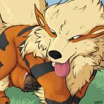 1:1 2025 all_fours almost_fully_inside animal_genitalia anthro anthro_pred anthro_prey arcanine artist_name balls black_stripes black_text blue_sky bodily_fluids brown_body brown_fur colored drooling duo feet feral feral_pred fur generation_1_pokemon genitals grass green_eyes green_grass larger_pred looking_pleasured male male/male mammal membrane_(anatomy) mustelid nintendo nude_feral nude_pred orange_body orange_fur orange_sheath otter outside pandottermon penis pink_sheath_slit plant pokemon pokemon_(species) saliva saliva_on_tongue sheath sheath_vore size_difference sky smile striped_body stripes tail tan_body tan_fur teeth text toes tongue tongue_out vore webbed_feet