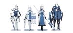  3girls absurdres animal_ears black_gloves blue_jacket breasts coat dress elbow_gloves full_body gloves gun headgear highres holding holding_gun holding_polearm holding_shield holding_weapon id_card jacket jhcrow3 long_hair mask mecha_musume mechanical_legs multiple_girls necktie open_clothes original pink_hair polearm rabbit_ears robot science_fiction shield simple_background standing thighhighs twintails weapon white_background white_hair white_jacket 