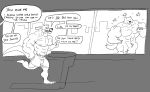 2025 anthro big_muscles bodily_fluids bottomwear clothed clothing dialogue duo english_text hi_res huge_muscles hyper hyper_muscles ipswich_the_kangaroo kangaroo looking_at_another macro macropod male mammal marsupial mercurialentropy monochrome muscular nipples nude plantigrade running shorts shorts_only size_difference sketch speech_bubble sweat text topless