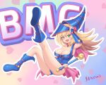  1girl :d absurdres ass blonde_hair blue_boots blush_stickers boots breasts cameltoe character_name dark_magician_girl detached_sleeves duel_monster gradient_background green_eyes hair_between_eyes hand_up highres holding holding_staff large_breasts long_hair outline pink_background shiny_skin smile solo staff white_outline yanows yu-gi-oh! 