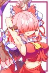  1girl alternate_costume animal_ear_piercing animal_ears armpits ascot bird_ears bird_girl bird_wings bow breasts cosplay detached_sleeves frills gohei hair_bow hair_over_eyes hair_tubes hakurei_reimu hakurei_reimu_(cosplay) highres iriya55 midriff mystia_lorelei open_mouth pink_hair red_bow shirt short_hair sideboob skirt smile solo touhou wide_sleeves wings 