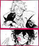  2boys blush closed_eyes collared_shirt cropped_shoulders curly_hair dante_alighieri_(fate) facepaint facing_another fate/grand_order fate_(series) greyscale grin hair_between_eyes high_collar highres james_moriarty_(ruler)_(fate) long_sleeves male_focus monochrome multiple_boys necktie nikoxnikoxmark parted_lips shirt short_hair simple_background smile sweater teeth waving white_background 