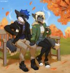  2019 5_fingers anthro blue_hair canid canine canis clothed clothing day detailed_background digital_media_(artwork) domestic_dog duo female fingers footwear grass hair husky kaitycuddle male mammal nordic_sled_dog outside shoes sitting sky smile spitz wolf 