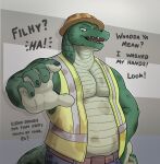 aitch alligator alligatorid anthro armor construction_worker crocodilian dialogue hard_hat headgear helmet hi_res looking_at_viewer male reptile scalie simple_background solo suggestive suggestive_dialogue suggestive_look