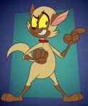 2023 anthro artist_name black_eyes black_nose brown_body brown_ears brown_fur brown_tail bunnicula_(series) chester_(bunnicula) collar digital_media_(artwork) domestic_cat felid feline felis fur gavanzude gesture hand_gesture hi_res male mammal multicolored_body multicolored_fur one_eye_half-closed pointing pose red_collar smile solo standing tail teeth text two_tone_body two_tone_fur yellow_sclera