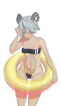  1girl arm_at_side ass_visible_through_thighs averting_eyes bare_shoulders black_one-piece_swimsuit braid breasts collarbone commentary crown_braid curled_fingers curled_horns double_vertical_stripe embarrassed english_commentary eyebrows_hidden_by_hair facing_viewer goat_horns grey_eyes grey_hair grey_horns gris_swimsuit groin hair_between_eyes half-closed_eyes hand_in_own_hair hand_on_own_head hand_up head_down highleg highleg_one-piece_swimsuit highres holding holding_swim_ring horns innertube karassawa light_blush long_eyelashes long_legs looking_down looking_to_the_side meme_attire mole mole_under_eye narrowed_eyes navel one-piece_swimsuit open_hand original parted_hair parted_lips pink_innertube raised_eyebrows raised_inner_eyebrows see-through_clothes see-through_one-piece_swimsuit short_hair shy sidelocks simple_background single_braid small_breasts solo standing strapless strapless_one-piece_swimsuit swim_ring swimsuit thick_eyebrows thick_eyelashes thigh_gap thighs two-tone_innertube underboob white_background white_stripes wide_hips yellow_innertube 