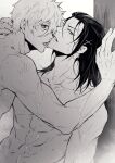  2boys barou_shouei blue_lock chuma_a_a collarbone from_side greyscale hair_down hair_ornament highres long_hair looking_at_viewer male_focus monochrome multiple_boys nagi_seishirou nude short_hair simple_background teeth toned toned_male tongue tongue_out upper_body wet white_background x_hair_ornament yaoi 
