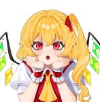  1girl ascot blonde_hair blush bow crystal crystal_wings flandre_scarlet frilled_shirt_collar frills highres looking_at_viewer mnju_dayo open_mouth puffy_short_sleeves puffy_sleeves red_eyes red_vest shirt short_sleeves side_ponytail simple_background solo touhou upper_body vest white_background white_shirt wings wrist_cuffs yellow_ascot 