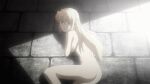  1girl animated animated_gif anime_screenshot ankle_cuffs ass barefoot blonde_hair blue_eyes breasts chain completely_nude covering_breasts covering_privates crawling cuffs freezing_(series) huge_breasts large_breasts long_hair looking_back lowres no_eyewear nude on_floor open_mouth satellizer_el_bridget screenshot sideboob solo sunlight thighs 