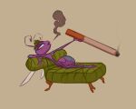 5:4 a_bug&#039;s_life ant anthro arthropod cigarette cigarette_in_hand crown crown_only disney female fluttershythekind headgear hi_res hymenopteran insect lying narrowed_eyes pixar princess_atta purple_body simple_background smoke smoking solo wings