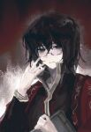  1boy black_eyes black_hair black_hanfu book chinese_clothes coat coat_on_shoulders family_hierarch_candidate_(identity)_(project_moon) glasses hanfu highres holding holding_book limbus_company looking_at_viewer male_focus medium_hair project_moon red_background red_coat s1nnis1 simple_background solo upper_body yi_sang_(project_moon) 