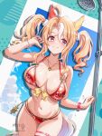  1girl ahoge animal_ears bikini blonde_hair breasts ear_covers fingernails fusaichi_pandora_(umamusume) heart heart_necklace highres horse_ears horse_girl horse_tail jewelry large_breasts medium_hair multicolored_hair nail_polish necklace red_bikini red_eyes shower_head sidelocks single_ear_cover solo streaked_hair swimsuit tail tsukiyuki_mike twintails twitter_username umamusume wet 