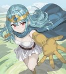  1girl belt blue_cape blue_gemstone blue_hair blue_sky boots breasts brown_belt cape circlet cleavage clenched_hand cloud commentary_request day dragon_quest dragon_quest_iii dress elbow_gloves fire floating_clothes floating_hair from_above gem gloves gold_circlet grass knee_up long_hair looking_to_the_side medium_breasts meno_forte open_hand outdoors reaching reaching_towards_viewer red_eyes sage_(dq3) sky smile solo strapless strapless_dress white_dress yellow_boots yellow_gloves 