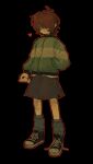  1other absurdres adapted_costume androgynous bandaid bandaid_on_leg black_background black_shoes black_skirt brown_hair closed_mouth commentary deltarune english_commentary full_body green_jacket grey_leg_warmers hair_over_eyes hand_in_pocket heart highres holding holding_knife jacket knife kris_(deltarune) leg_warmers long_sleeves medium_hair other_focus outline red_outline shoes simple_background skirt sneakers solo sunny_sakana untied_shoelaces 