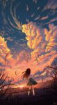  1girl absurdres artist_name barbed_wire black_hair blue_skirt blurry blurry_foreground chinese_commentary city_lights cloud cloudy_sky commentary_request depth_of_field dutch_angle evening field floating_hair from_behind grass highres hkcutie long_hair long_sleeves mountainous_horizon orange_clouds original outdoors pleated_skirt shirt signature skirt sky sky_focus socks solo standing star_(sky) starry_sky straight_hair sun sunset white_shirt white_socks wide_shot wind 