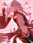  1girl absurdres bare_shoulders black_thighhighs breasts bug butterfly center_opening chinese_commentary cleavage commentary_request cowboy_shot dated detached_sleeves elbow_gloves fingerless_gloves floating_hair gloves guilty_crown hair_between_eyes hair_ornament hair_tubes hairclip hand_on_own_stomach highres leotard long_hair looking_at_animal medium_breasts navel no_hair_ornament open_mouth pink_butterfly pink_hair red_eyes red_leotard red_sheet sanshiro_(sanbai626) signature solo teeth thighhighs twintails upper_teeth_only yuzuriha_inori 