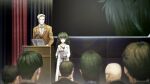  1boy 1girl 6+others alexis_leskinen artificial_intelligence bald blonde_hair blunt_bangs brown_jacket buttons closed_mouth clothing_request coat collar collarbone collared_shirt computer crowd curtains dress flat_chest from_behind game_cg glasses green_collar green_eyes green_hair green_trim grey_dress grin height_difference highres hiyajou_maho hiyajou_maho_(salieri) holding holding_tablet_pc hood hood_down hoodie huke jacket lab_coat lapels laptop long_hair long_sleeves looking_at_another messy_hair microphone multiple_others nape non-web_source notched_lapels official_art presentation rabbit_zipper ringed_eyes shirt short_hair smile square_pupils standing steins;gate steins;gate_0 tablet_pc thick_eyebrows very_long_hair very_short_hair white_coat white_shirt 