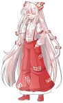  1girl alphes_(style) bow closed_eyes collared_shirt commentary_request dairi fujiwara_no_mokou full_body hair_bow hand_in_pocket hand_on_own_face long_hair long_sleeves multiple_hair_bows ofuda ofuda_on_clothes pants parody red_bow red_pants red_suspenders red_trim shirt smile solo style_parody suspenders touhou transparent_background two-tone_bow very_long_hair white_bow white_hair white_shirt 