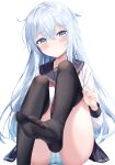  1girl absurdres adjusting_clothes adjusting_legwear art_crab black_thighhighs blue_eyes blue_hair blue_panties blue_sailor_collar blue_skirt blush collarbone commentary_request crossed_bangs double-parted_bangs feet foot_out_of_frame hair_between_eyes hibiki_(kancolle) highres kantai_collection knees_up leg_up long_hair long_sidelocks long_sleeves looking_at_viewer neckerchief panties pantyshot pleated_skirt pout red_neckerchief sailor_collar shirt sidelocks simple_background sitting skirt solo thighhighs underwear very_long_hair white_background white_shirt 
