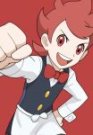  1boy :d apron black_vest bow bowtie chili_(pokemon) clenched_hands collared_shirt hand_on_own_hip highres leaning long_sleeves male_focus nakikot_t open_mouth pokemon pokemon_bw red_background red_bow red_bowtie red_eyes red_hair round_teeth shirt simple_background smile solo teeth tongue upper_teeth_only vest waist_apron white_apron white_shirt 