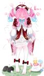  1girl absurdres aqua_bow aqua_bowtie aqua_hair black_shoes blush bow bowtie clothes_pull commentary_request dress drill_hair full-face_blush hat highres honkai:_star_rail honkai_(series) hyacine_(honkai:_star_rail) little_ica_(honkai:_star_rail) multicolored_hair pantyhose pantyhose_pull pink_hair pulling_own_clothes red_dress red_hat shoes simple_background solo temperature twin_drills two-tone_hair undressing unworn_shoes voi_271 white_background white_pantyhose x_x 