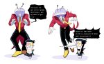  2boys absurdres ant_tenna ardumon0 black_hair black_pants black_shirt claw_pose commentary crt deltarune english_commentary english_text full_body gloves highres male_focus multiple_boys multiple_views necktie object_head pants pointy_nose shadow shirt shoes short_hair size_difference spamton_g._spamton speech_bubble tailcoat teeth tripping white_background white_gloves white_pants yellow_necktie yellow_shoes 