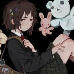  1girl absurdres black_background black_jacket brown_bag brown_eyes brown_hair buttons closed_mouth collared_shirt fffkorobka green_skirt hair_ornament hand_on_own_thigh hashtag_hair_ornament highres iwakura_lain jacket linux long_sleeves necktie plaid_clothes plaid_skirt pleated_skirt red_necktie sanpaku school_uniform serial_experiments_lain shirt short_hair simple_background skirt solo stuffed_animal stuffed_rabbit stuffed_toy tareme teddy_bear tux white_shirt x_hair_ornament 