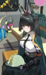  1girl absurdres animal_ear_fluff animal_ears aqua_jacket birthday_party black_hair black_necktie black_skirt bright_pupils cake comically_large_ears fingerless_gloves food fox_ears fox_girl gauntlets gloves green_jacket headband high-waist_skirt highres holding holding_cake holding_food hoshimi_miyabi jacket long_hair looking_at_viewer maanu necktie party_popper red_eyes ring_hair_ornament shirt single_fingerless_glove single_gauntlet skirt white_pupils white_shirt yellow_headband zenless_zone_zero 