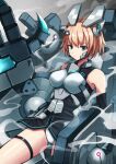  1girl absurdres aqua_eyes arm_at_side bare_legs bare_shoulders black_dress blue_trim breasts closed_mouth commission cosmic_break cowboy_shot dress english_commentary english_text grey_background hand_up highres leotard light_particles looking_at_viewer mecha_musume mechanical_arms medium_breasts nankou_(koutanan) orange_hair oversized_limbs panties second-party_source serious short_dress short_hair silva_(cosmic_break) skeb_commission sleeveless sleeveless_dress smoke solo thigh_strap thighs underwear white_panties 