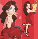  1girl absurdres bare_arms blue_eyes breasts brown_hair dress earrings eyeshadow floating_earrings gold_earrings grin halter_dress halterneck heart highres holding holding_trophy jeff_miga jewelry large_breasts long_hair makeup mario_(series) mario_kart mario_kart_world pauline_(mario) purple_eyeshadow red_dress red_lips smile solo taut_clothes taut_dress trophy 