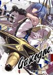  1girl absurdres armored_boots azur_lane black_gauntlets blue_hair boots bubble character_name closed_mouth dress gascogne_(azur_lane) glitch highres holding holding_polearm holding_weapon looking_at_viewer oriue_wato polearm rigging ship_turret short_hair sketch solo weapon white_dress yellow_eyes 