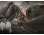  1boy bishounen black_hair black_hanfu blood blood_on_clothes blood_on_ground chinese_clothes chinese_text crying crying_with_eyes_open grey_eyes hair_over_one_eye hair_ribbon hanfu highres implied_yaoi injury long_hair long_sleeves looking_at_viewer lying male_focus modao_zushi on_side ponytail red_ribbon ribbon robe sleeves_past_wrists solo speech_bubble tears thought_bubble upper_body wei_wuxian wet wet_hair wide_sleeves xianyu_tuitui 