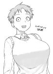  1girl :d black_eyes breasts collared_shirt dated forehead greyscale large_breasts long_sleeves looking_at_viewer monochrome open_mouth original shirt short_hair signature simple_background smile sweater tsukudani_(coke-buta) upper_body very_short_hair white_background 