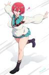  1girl :d amate_yuzuriha aqua_eyes aqua_shirt aqua_skirt artist_name black_boots boots breasts cardigan collared_shirt commentary_request gundam gundam_gquuuuuux hair_between_eyes heart highres joy_ride large_breasts long_hair looking_at_viewer outstretched_arms pleated_skirt red_hair shirt short_hair simple_background skirt smile solo standing thighs white_background white_cardigan 
