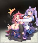  2girls absurdres angry animal_ears blue_eyes camel_clutch catfight commission commissioner_upload drooling fox_girl fox_miko_(sakura_dungeon) green_eyes highres japanese_clothes kimono lying mi_nomi_ni multiple_girls non-web_source on_stomach pink_hair purple_hair sakura_dungeon sitting sitting_on_person thighhighs trembling twintails wrestling yomi_(sakura_dungeon) 