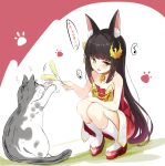  1girl absurdres animal_ear_fluff animal_ears azur_lane bird_hair_ornament black_hair cat chinese_commentary chinese_text dress flat_chest fox_ears fox_girl hair_ornament hamiro highres jewelry long_hair nagato_(azur_lane) necklace open_mouth pleated_dress red_dress socks squatting strapless strapless_dress translation_request very_long_hair white_socks yellow_eyes 