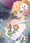  1girl absurdres blonde_hair blue_eyes blush boo_(mario) breasts cleavage closed_mouth commentary earrings english_commentary fire_flower gjh highres holding holding_umbrella japanese_clothes jewelry kimono large_breasts long_hair looking_at_viewer mario_(series) mask mask_on_head ponytail princess_peach print_kimono smile solo sphere_earrings umbrella white_kimono 