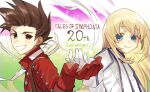  anniversary blonde_hair blue_eyes brown_eyes brown_hair colette_brunel dress english_text floating_hair gloves highres jacket light_blush lloyd_irving long_sleeves looking_at_viewer meameeea red_gloves red_shirt shirt suspenders tales_of_(series) tales_of_symphonia white_background white_dress white_jacket wings 