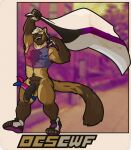 absurd_res accessory anthro armpit_hair big_penis bisexual_pride_colors blonde_hair blurred_background body_hair border clothed clothing cock_ring demisexual_pride_colors eyes_closed facial_hair fishnet_clothing fishnet_topwear flag flag_(object) footwear foreskin fur genitals gulonine hair hi_res jewelry kerchief lgbt_pride lgbt_pride_month male mammal marten muscular muscular_anthro muscular_male mustelid musteline orange_border outcast-stars partially_clothed paw_shoes penis penis_accessory penis_jewelry pine_marten pride_colors pride_parade smile solo tail topwear vein veiny_penis weyland_here