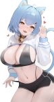  1218_haruru 1girl absurdres ahoge animal_ears bell black_choker black_shorts black_sports_bra blue_hair breasts cat_ears cat_tail choker cleavage commentary commission cowboy_shot crop_top fangs hand_up highleg highres jingle_bell large_breasts long_sleeves looking_at_viewer navel open_mouth orange_eyes original panty_straps pulling_own_clothes short_hair short_shorts shorts shrug_(clothing) simple_background smile solo sports_bra stomach strap_pull tail white_background white_shrug 