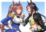  2girls animal_ears azasuke black_jacket blue_dress breasts brown_hair cleavage crop_top cropped_jacket daiwa_scarlet_(umamusume) dress epaulettes eye_contact hand_on_own_hip horse_ears horse_girl horse_tail jacket long_sleeves looking_at_another multiple_girls puffy_long_sleeves puffy_sleeves red_eyes smile spiked_hair tail tiara twintails umamusume upper_body vodka_(umamusume) 
